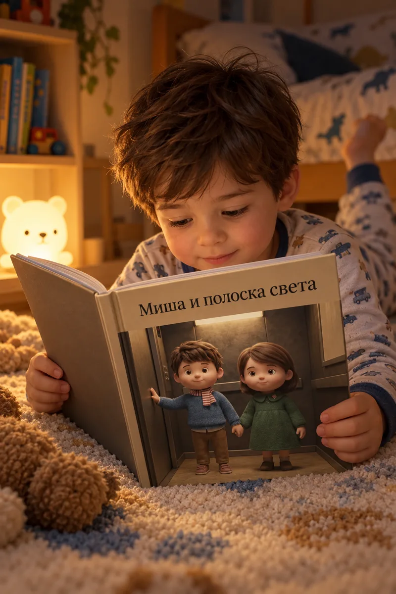 Мальчик в пижаме читает книжку «Миша и полоска света»