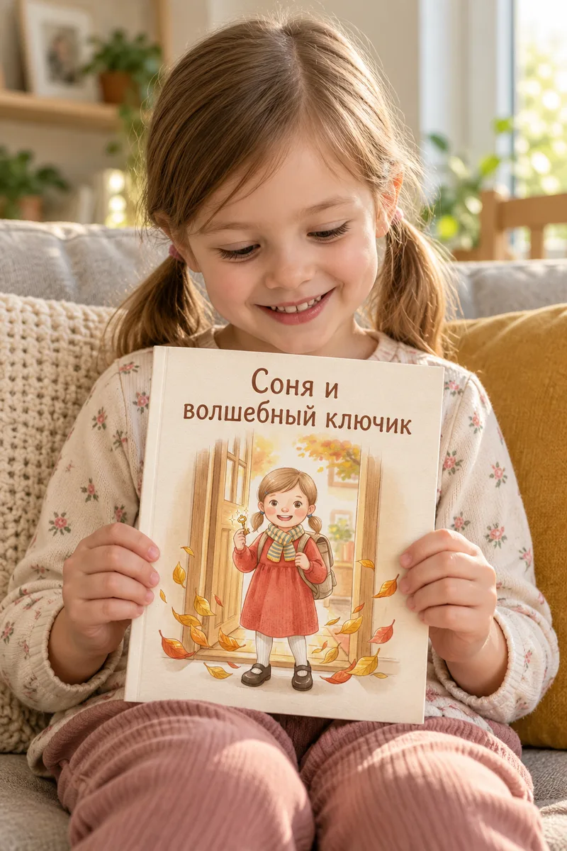 Девочка на диване держит книжку «Соня и волшебный ключик»