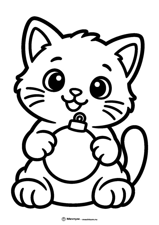 Новогодняя раскраска «Котёнок с ёлочным шаром» для детей 2–3 лет